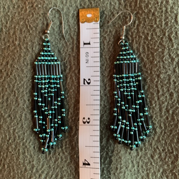 Handmade Native American beaded earrings.  Turquoise and black. Approx 3” long - Picture 2 of 4